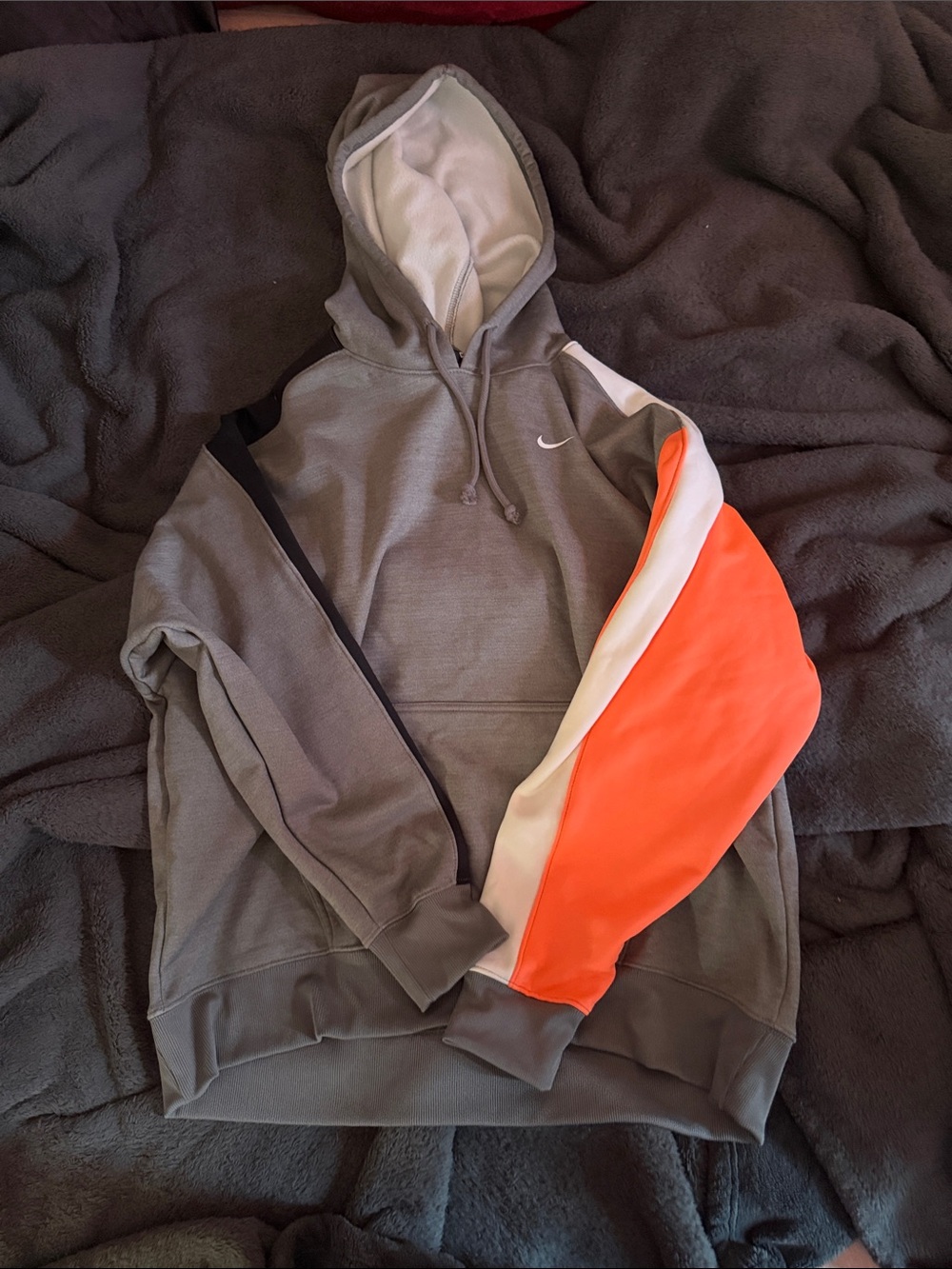 Nike Gray Hoodie with Orange and White Colorblock Sleeve
